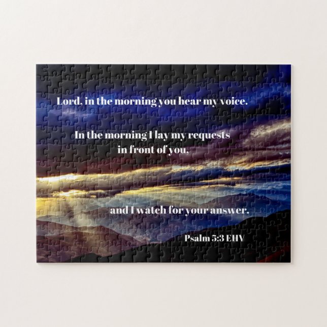 Morning Bible Verse At Sunrise Over Mountains Jigsaw Puzzle (Horizontal)
