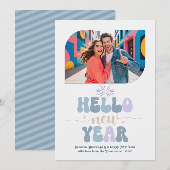 Morning Chill Hello New Year Blue Retro Photo Holiday Card (Front/Back)