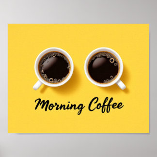 Morning Coffee Cups Top View Yellow Minimalist Poster