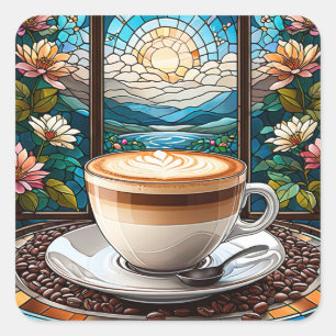 Morning Coffee Stained Glass Square Sticker