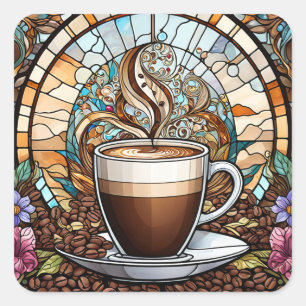 Morning Coffee Stained Glass Square Sticker