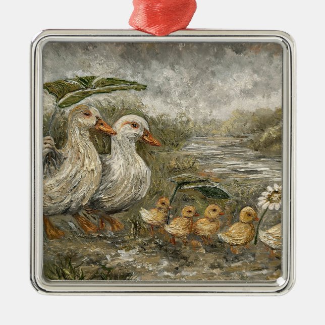 Morning Commute Whimsical Farmhouse Duck Rainy Day Metal Tree Decoration (Front)