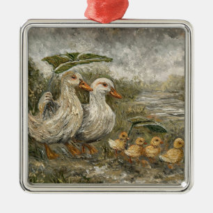 Morning Commute Whimsical Farmhouse Duck Rainy Day Metal Tree Decoration