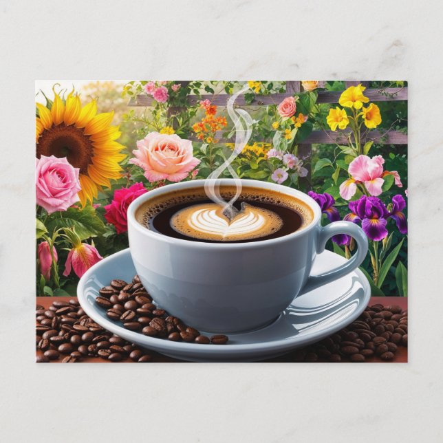 Morning Cup of Coffee and Beautiful Floral Garden  Postcard (Front)