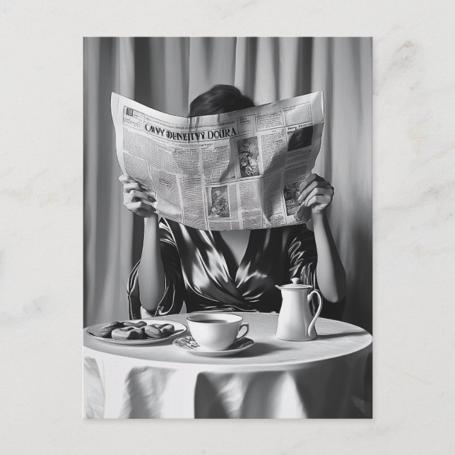 Morning Elegance: Coffee, News, and Serenity Postcard (Front)