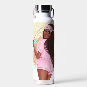 Morning Faux Glitter Girl Black Wavy Hair  Water Bottle