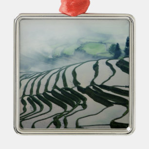 Morning Fog Above Rice Fields Metal Tree Decoration