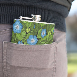 Morning glory in blue and green hip flask