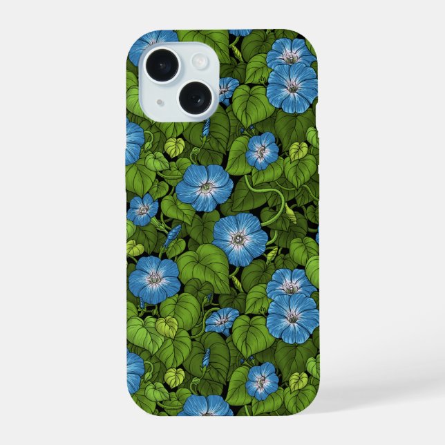 Morning glory in blue and green iPhone 15 case (Back)
