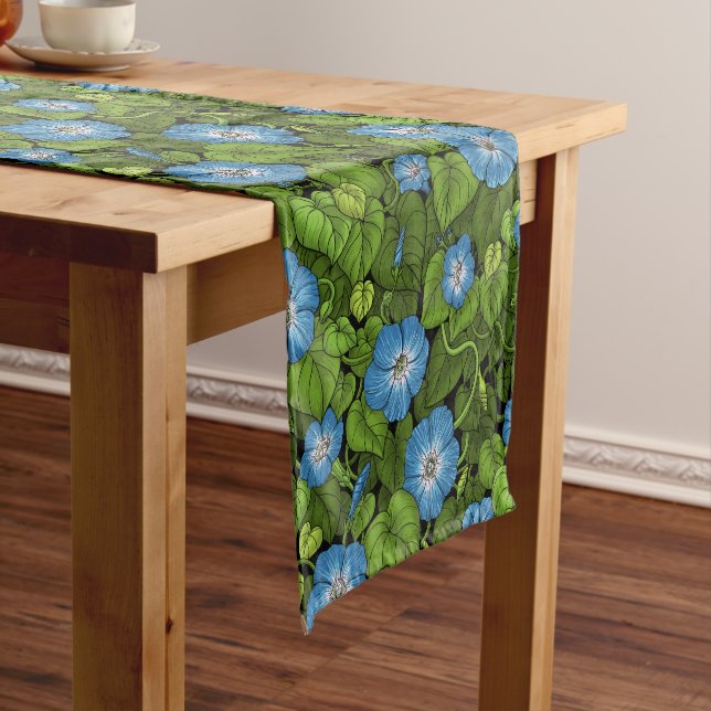 Morning glory in blue and green short table runner (In Situ)