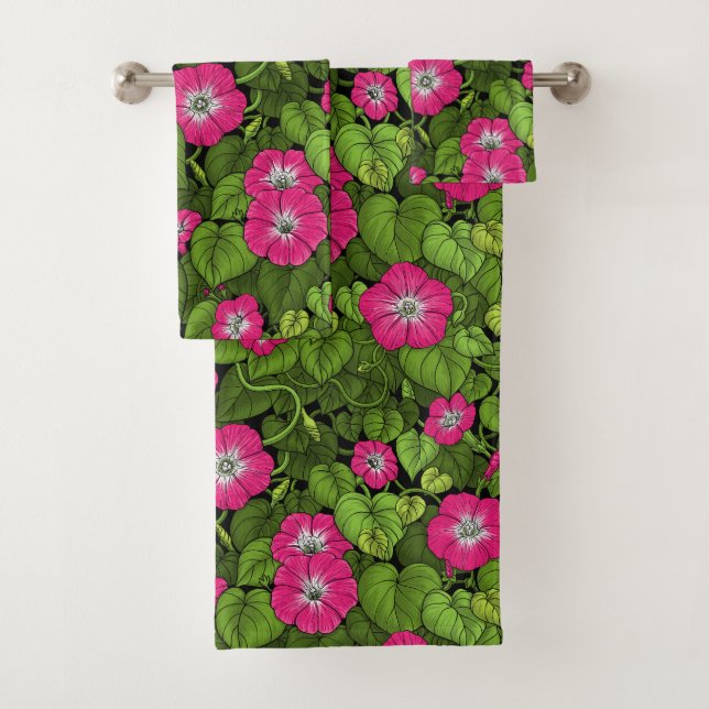 Morning glory in pink and green bath towel set (Insitu)
