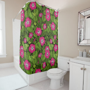 Morning glory in pink and green shower curtain