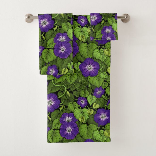Morning glory in purple and green bath towel set (Insitu)