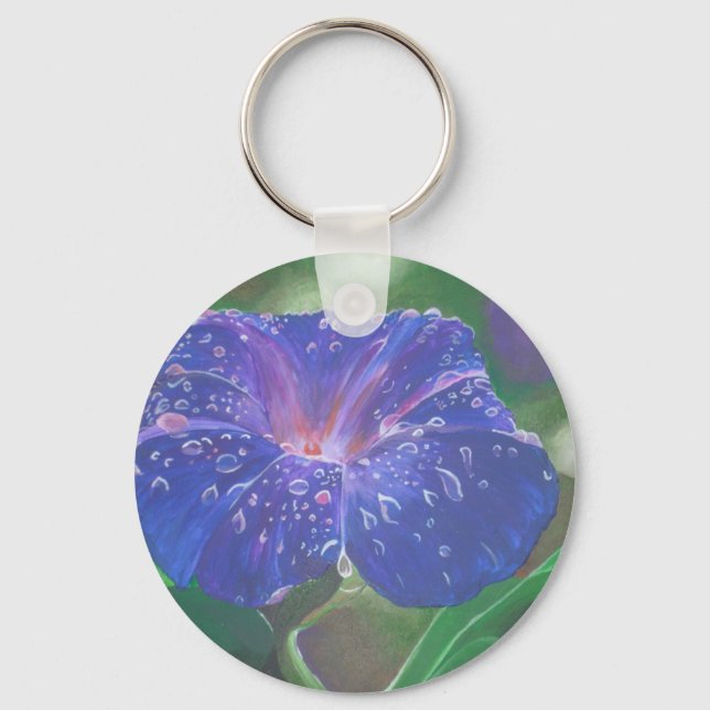 Morning Glory (Ipomoea Purpurea) Petals and Dew Dr Key Ring (Front)