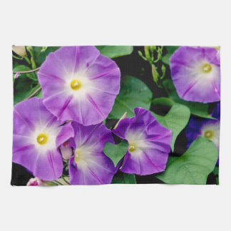 Morning Glory - Purple Flowers Green Leaves Tea Towel