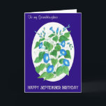 Morning Glory September Birthday for Granddaughter Card<br><div class="desc">A pretty floral Birthday Card for a Granddaughter with a birthday in September.The design is a hand-painted watercolour,  by Judy Adamson,  of bright blue Morning Glory flowers on an oval white background with a deep blue border and elegant white lettering. You can personalise the inside message.</div>