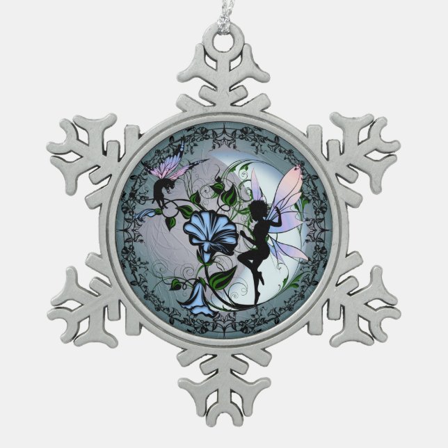 Morning Glory Shadow Fairy and Cosmic Cat Snowflake Pewter Christmas Ornament (Front)