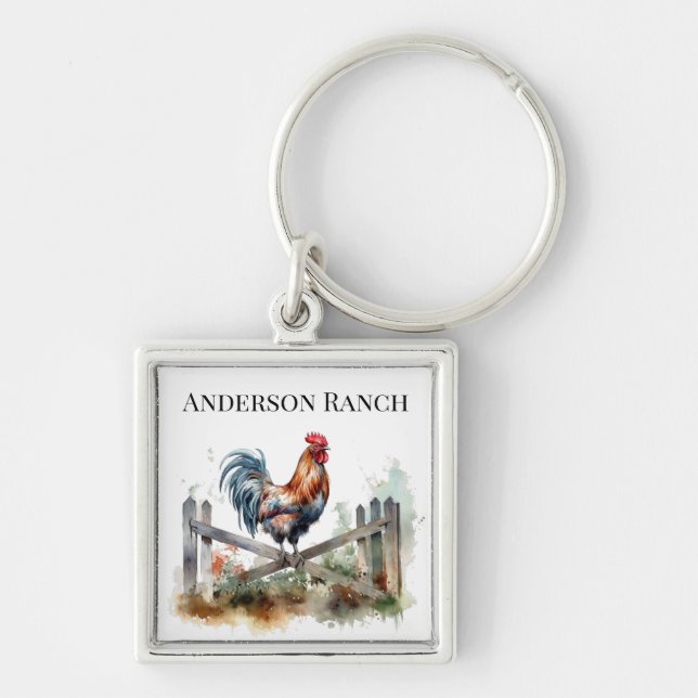 Morning Glory: Watercolor Rooster, custom Key Ring (Front)