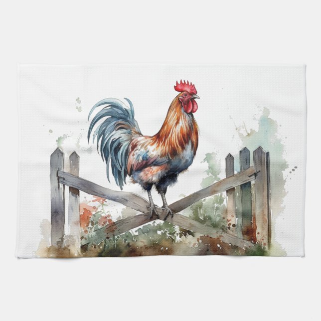 Morning Glory: Watercolor Rooster Tea Towel (Horizontal)