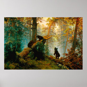 Morning in a Pine Forest Bear with Cubs Shishkin  Poster