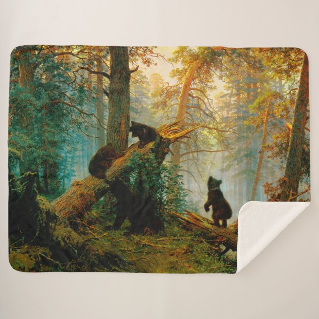 Morning in a Pine Forest Bear with Cubs Shishkin Sherpa Blanket (Front (Horizontal))