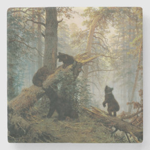 Morning in a Pine Forest (Bears in the Woods) Stone Coaster