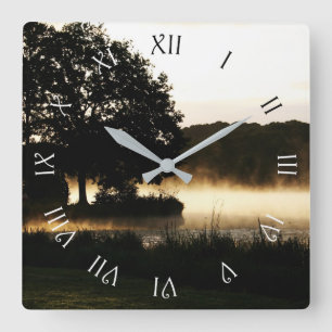 Morning Lake Scene Roman Script Numbers wccn Square Wall Clock