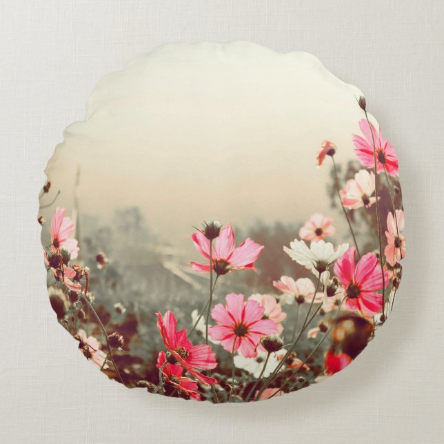 Morning light, blooming pink cosmos. round cushion (Front)