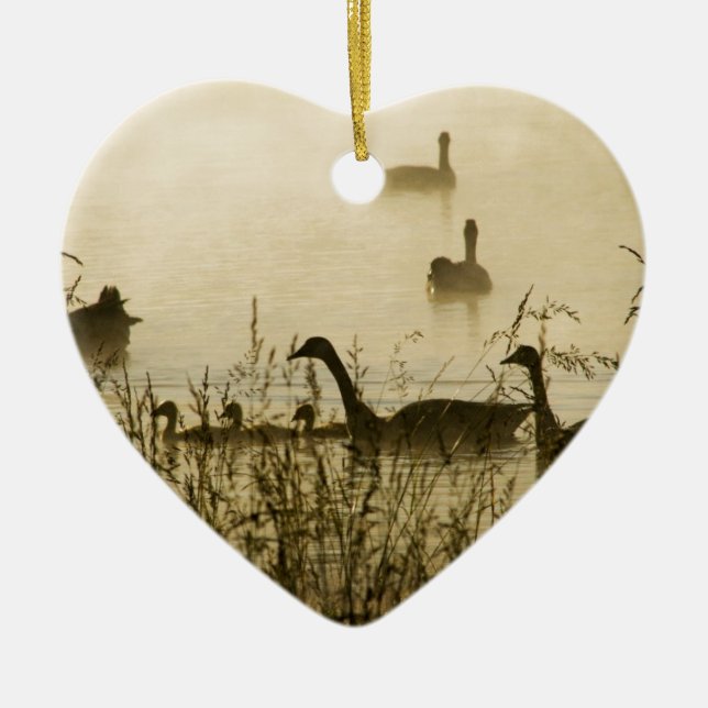 Morning Light Canadian Geese Pond Silhouette Ceramic Tree Decoration (Front)