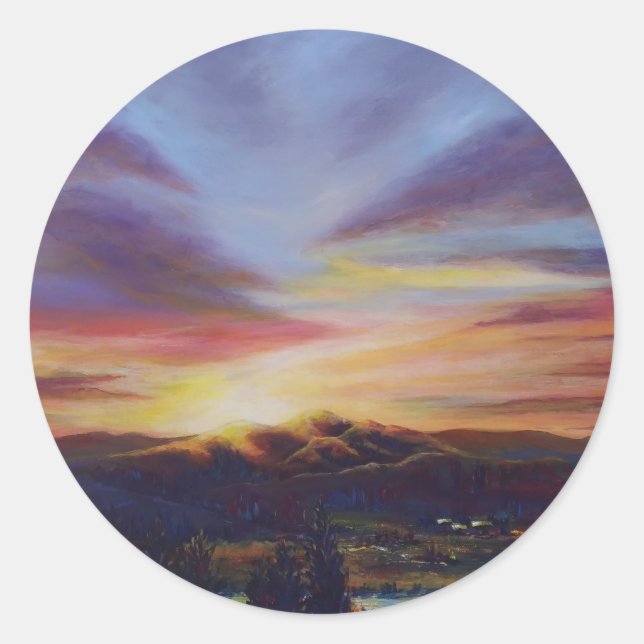 Morning light, sunrise over the hills classic round sticker (Front)