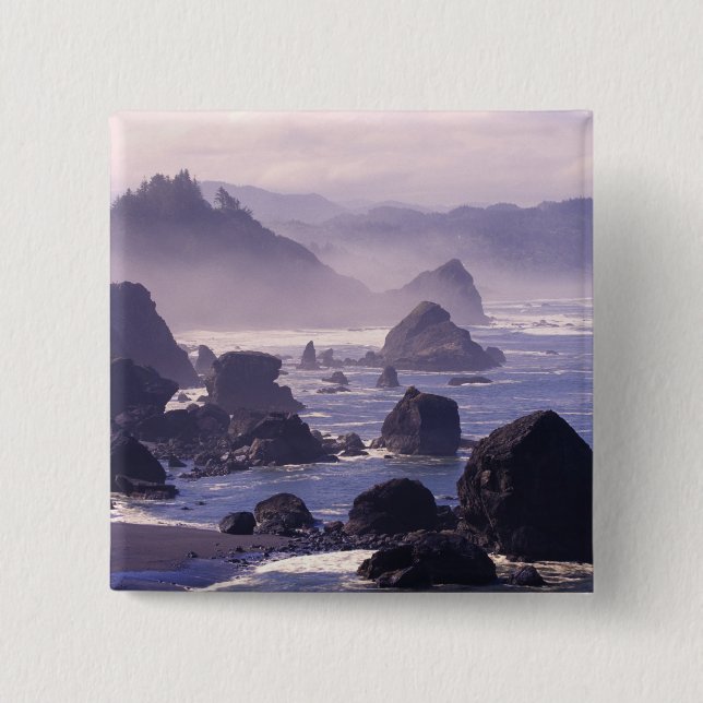 Morning mist along Oregon coast near Nesika, 15 Cm Square Badge (Front)