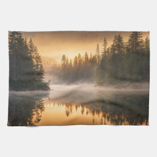 Morning Mist on River in the Pines Tea Towel