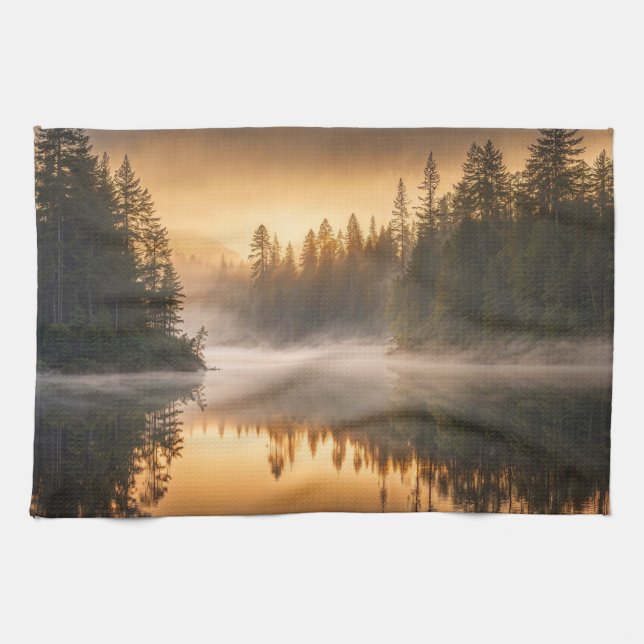 Morning Mist on River in the Pines Tea Towel (Horizontal)
