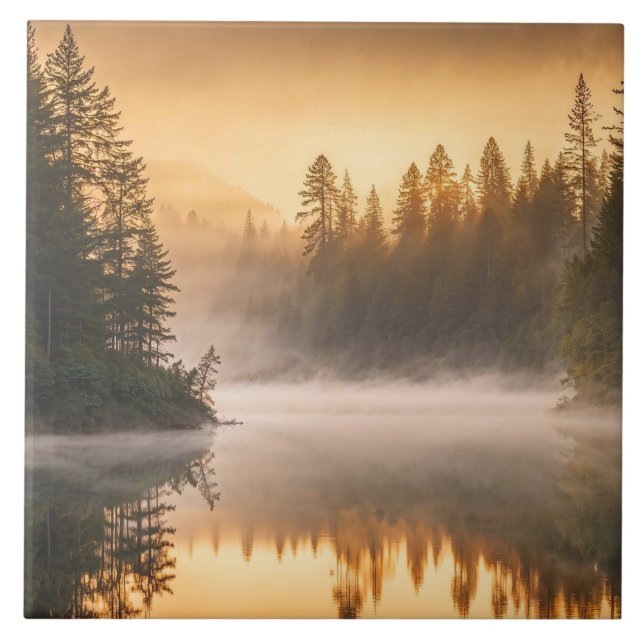 Morning Mist on River in the Pines Tile (Front)