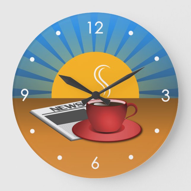 Morning News Coffee Cup Cafe Large Round Clock (Front)