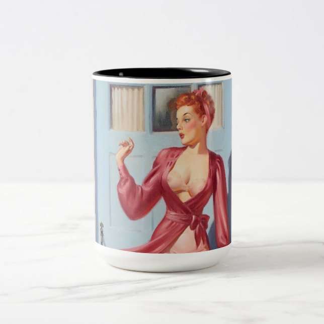 Morning Newspaper Pin-Up Girl Two-Tone Coffee Mug (Center)