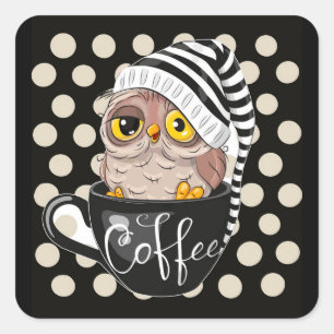 Morning Owl Black Tan Polka Dots Square Sticker