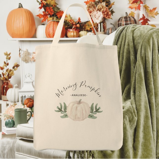 Morning Pumpkin Fall Watercolor and Name Tote Bag (Creator Uploaded)