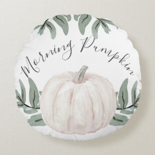 Morning Pumpkin Pastel Watercolor with Fall Leaves Round Cushion