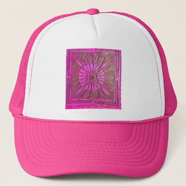 MORNING STAR Pink,Fuchsia Black, Monogram Trucker Hat (Front)
