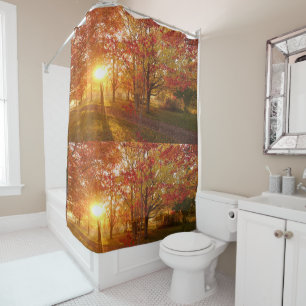 Morning sunrise sunlight through autumn woods shower curtain