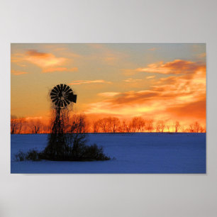 Morning Sunrise with Windmill in Winter  Poster