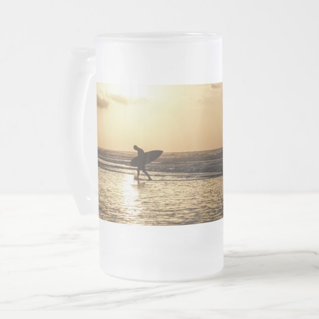 Morning Surfer Frosted Glass Beer Mug (Front Left)