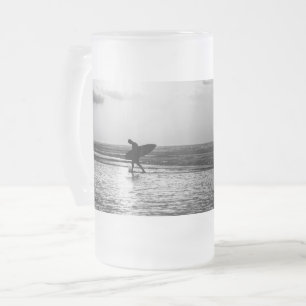 Morning Surfer Grayscale Frosted Glass Beer Mug