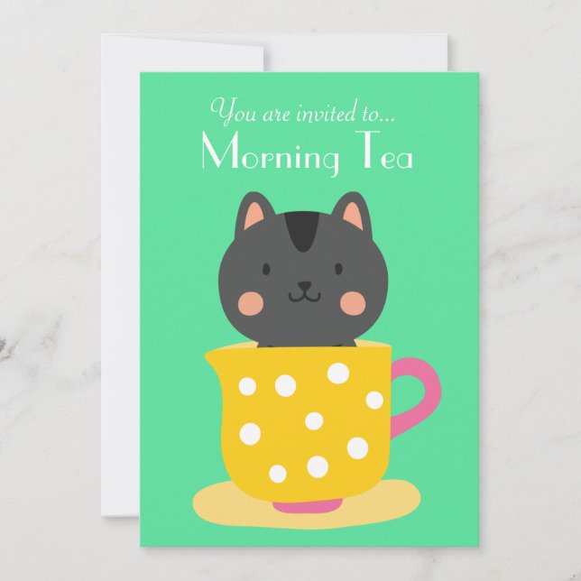 Morning Tea retro kitty tea cups party Invitation (Front)