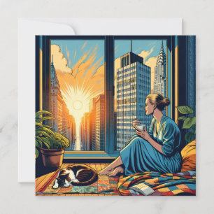 Morning Time in the City   Woman Reflecting Card