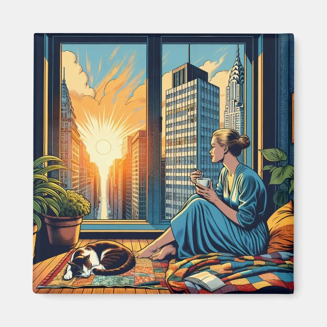 Morning Time in the City | Woman Reflecting Magnet (Front)