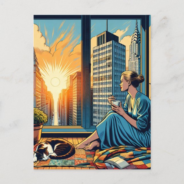 Morning Time in the City | Woman Reflecting Postcard (Front)