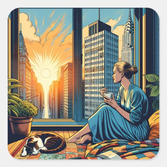 Morning Time in the City | Woman Reflecting Square Sticker (Front)