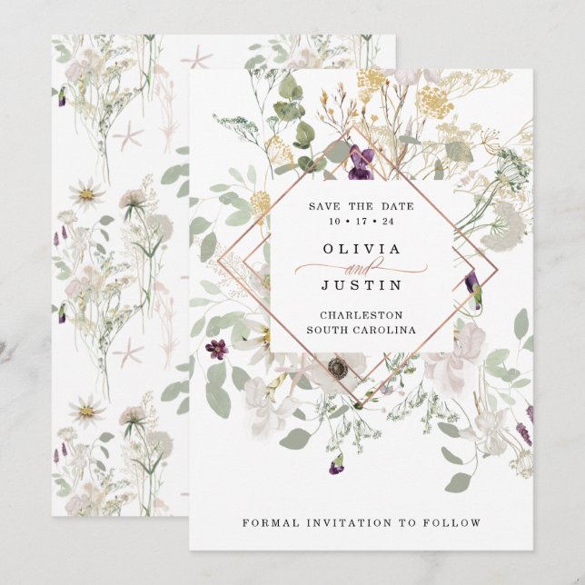 Morning Wildflowers | Delicate Rose Gold Geometric Save The Date (Front/Back)
